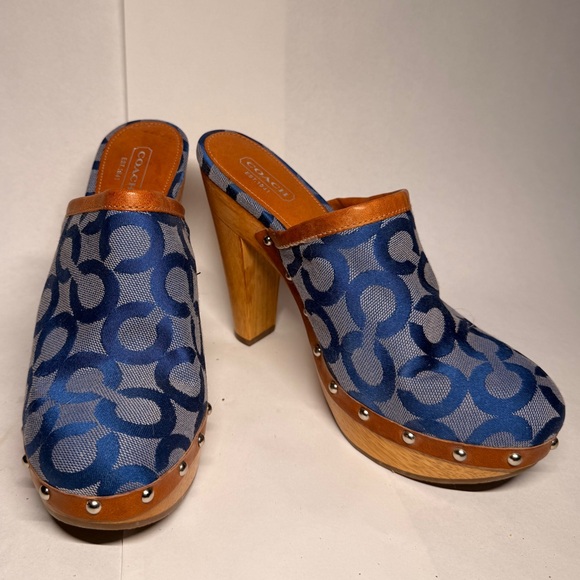 Coach Shoes - NWT COACH Vintage Bacall Blue Signature Logo Platform Heeled Clogs/Mules Size 7